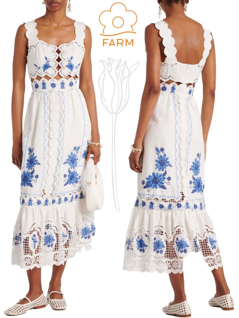 Farm Rio Embroidered Linen-Blend Midi Dress